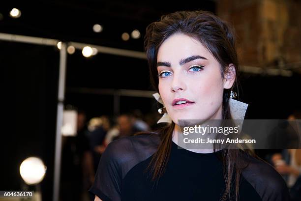 Model prepares backstage at the Dennis Basso fashion show during September 2016 New York Fashion Week: The Shows at The Arc, Skylight at Moynihan...