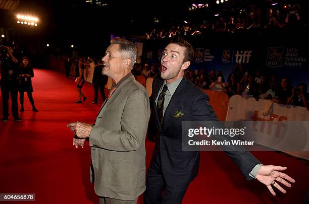 Director Jonathan Demme and actor/singer Justin Timberlake attend the "Justin Timberlake + The Tennessee Kids" premiere during the 2016 Toronto...