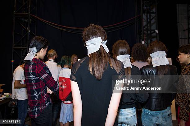 Models prepare backstage at the Dennis Basso fashion show during September 2016 New York Fashion Week: The Shows at The Arc, Skylight at Moynihan...