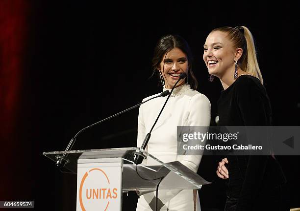 Models Sara Sampaio and Rachel Hilbert speak onstage at the UNITAS 2nd annual gala against human trafficking at Capitale on September 13, 2016 in New...