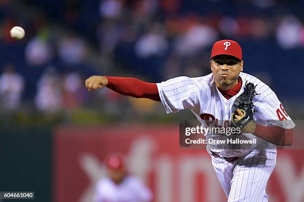 Jeanmar Gomez of the Philadelphia Phillies throws a pitch in the ninth inning against the Pittsburgh Pirates at Citizens Bank Park on September 13,...