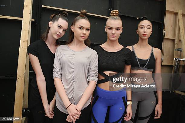Models pose backstage before Vipe Activewear Collection with Angela Simmons fashion show during Style360 NYFW September 2016 at Metropolitan West on...