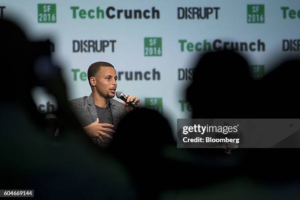 Stephen Curry, a professional basketball player with the National Basketball Association's Golden State Warriors, speaks during the TechCrunch...