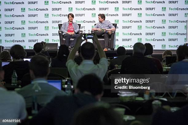 John Hanke, chief executive officer of Niantic Inc., left, speaks during the TechCrunch Disrupt San Francisco 2016 Summit in San Francisco,...