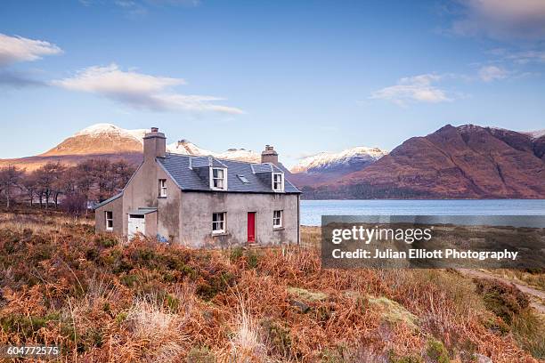 abandoned house, banks of upper loch torridon. - sutherland stock pictures, royalty-free photos & images