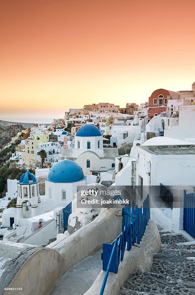 Sunset over Oia village in Santorini island of Greece