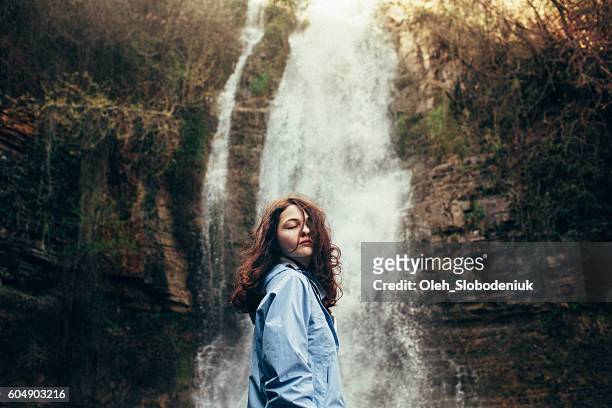 girl near the waterfall - caucasus stock pictures, royalty-free photos & images