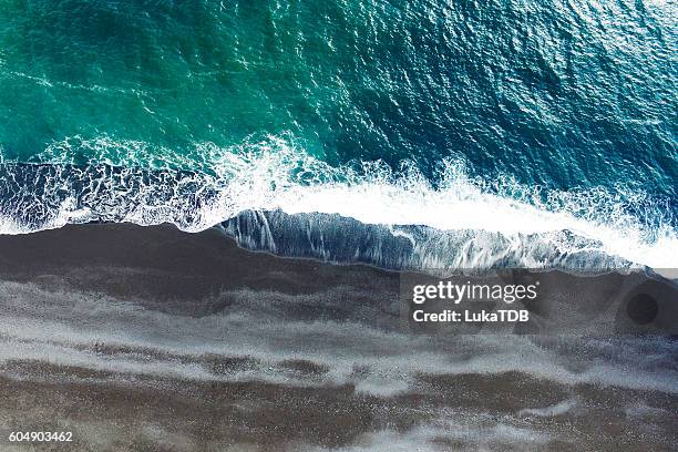 aerial tracking shot - black sand iceland stock pictures, royalty-free photos & images