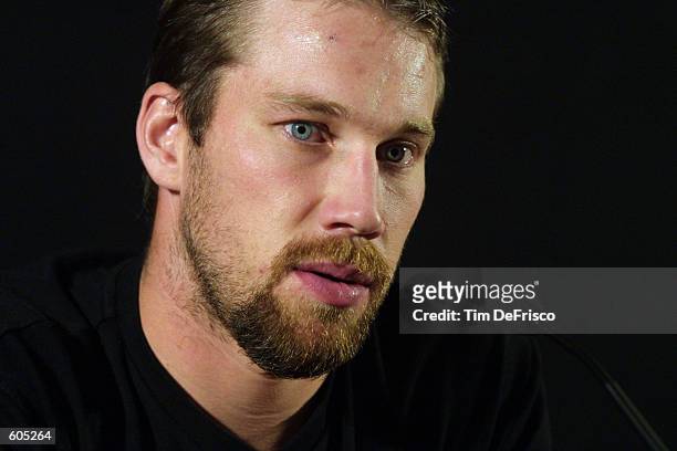 Forward Peter Forsberg of the Colorado Avalanche announces at a press conference that he is taking time off from hockey until he feels 100 percent...