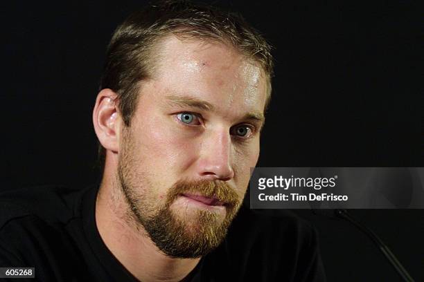 Forward Peter Forsberg of the Colorado Avalanche announces at a press conference that he is taking time off from hockey until he feels 100 percent...