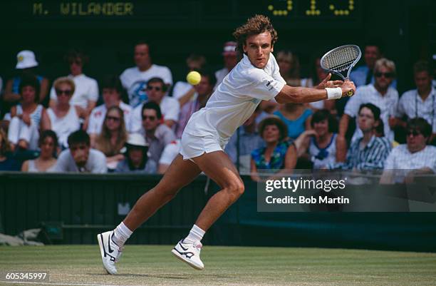 Mats Wilander of Sweden during his Men's Singles Quarter Final match against John McEnroe at the Wimbledon Lawn Tennis Championship on 4 July 1989 at...