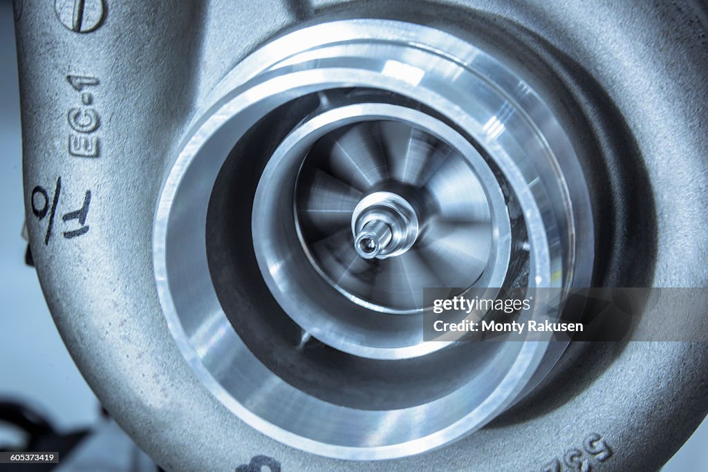 Close up detail of spinning turbocharger blades in research facility