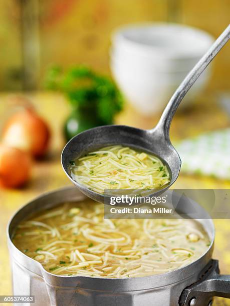 saucepan and ladle of chicken noodle soup with onions, herbs and stock - sopa de pollo con fideos fotografías e imágenes de stock