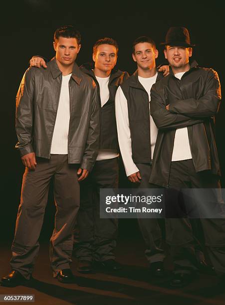 American pop and R&B boy band 98 Degrees, circa 1995. From left to right, they are brothers Nick and Drew Lachey, with Jeff Timmons and Justin Jeffre.