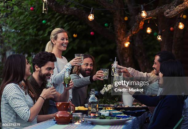 multi-ethnic friends toasting drinks at dinner table in yard - diner photos et images de collection