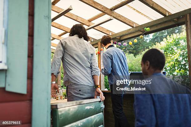 rear view of male friends entering log cabin during summer party - swedish log cabin bildbanksfoton och bilder