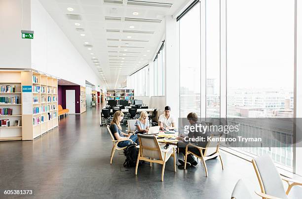 young college friends studying together in library - universiteit stockfoto's en -beelden