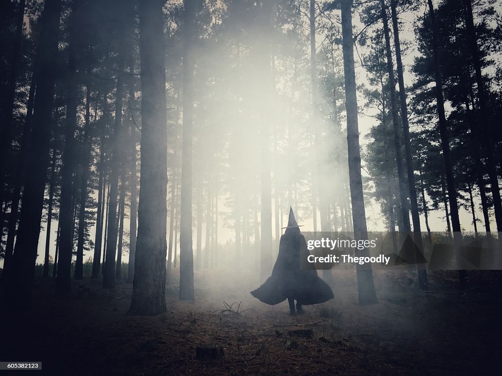 Woman dressed as a witch walking through the forest