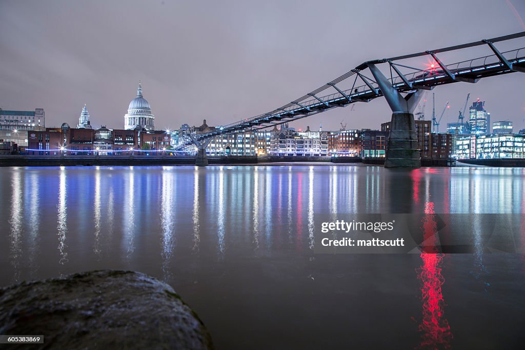 St Pauls Cathedral and the Millennium bridge at night, London, England, UK