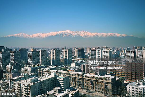 view of the andes and city skyline from santa lucia hill, santiago, chile - chile skyline stock pictures, royalty-free photos & images