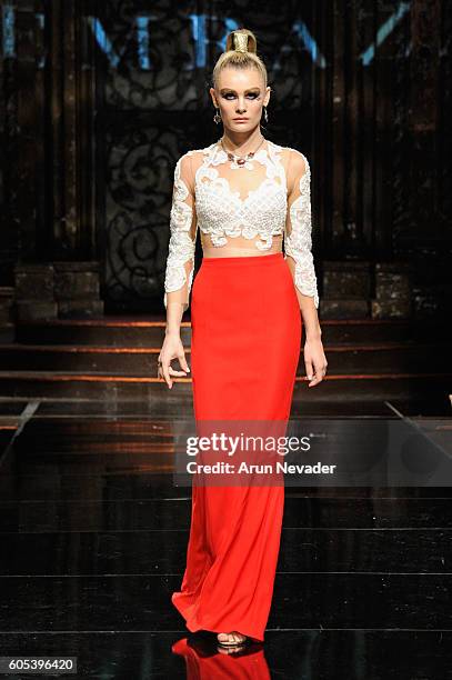 Model walks the runway wearing Temraza at Art Hearts Fashion NYFW The Shows presented by AIDS Healthcare Foundation at The Angel Orensanz Foundation...