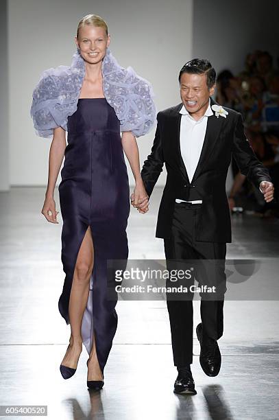 Zang Toi and model walk at Zang Toi Runway September 2016 at New York Fashion Week at Pier 59 Studios on September 13, 2016 in New York City.