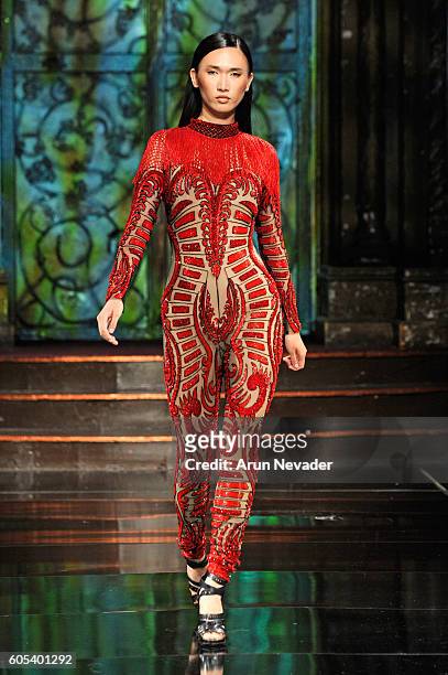 Model walks the runway wearing Elie Madi at Art Hearts Fashion NYFW The Shows presented by AIDS Healthcare Foundation at The Angel Orensanz...