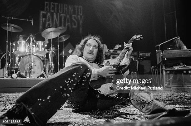 Guitarist Mick Box performing with British rock group Uriah Heep on one of their two nights at the Hammersmith Odeon, London, 13th-14th December 1975.