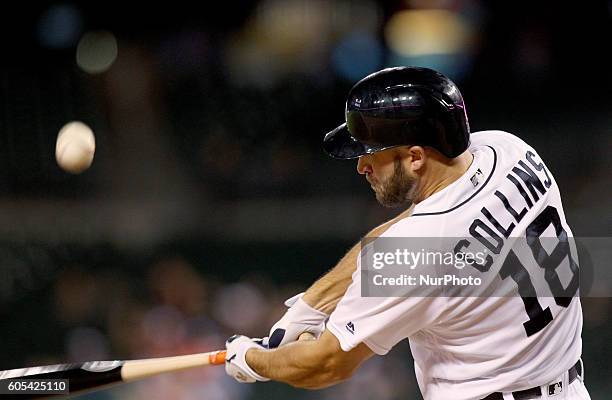 Detroit Tigers center fielder Tyler Collins at bat during the ninth inning of a baseball game against the Minnesota Twins in Detroit, Michigan USA,...