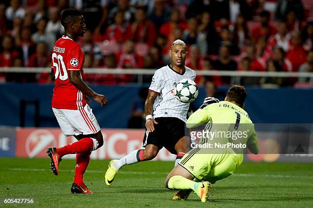 Besiktas's midfielder Quaresma vies for the ball with Benfica's goalkeeper Ederson and Benfica's defender Nelson Semedo during Champions League...