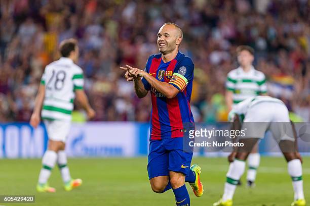Iniesta celebrates scoring the goal during the UEFA Champions League match corresponding to group stage match between FC Barcelona - Celtic FC,...