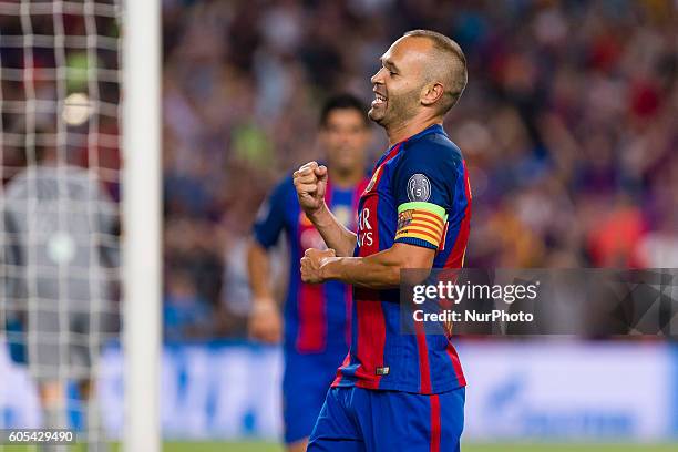 Iniesta celebrates scoring the goal during the UEFA Champions League match corresponding to group stage match between FC Barcelona - Celtic FC,...