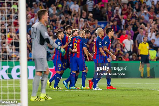 Messi with his teammates of FC Barcelona celebrates after scoring the goal during the UEFA Champions League match corresponding to group stage match...