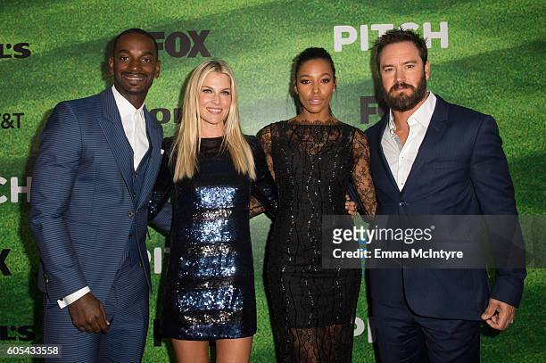 Actors Mo McRae, Ali Larter, Kylie Bunbury, and Mark-Paul Gosselaar arrive at the premiere of Fox's 'Pitch' at West LA Little League Field on...