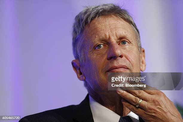 Gary Johnson, 2016 Libertarian presidential nominee, listens to questions from audience members during a campaign event at Purdue University in West...