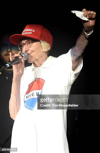 Mary Morello introduces Prophets of Rage as they perform at Shoreline Amphitheatre on September 14, 2016 in Mountain View, California.