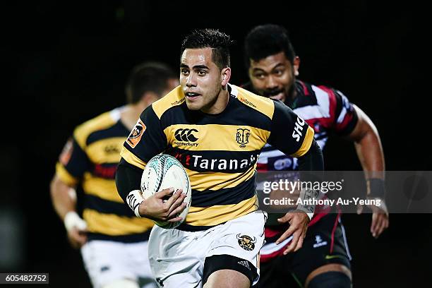 Beaudein Waaka of Taranaki makes a run during the round five Mitre 10 Cup match between Counties Manukau and Taranaki at ECOLight Stadium on...