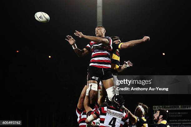 Jimmy Tupou of Counties Manukau wins a lineout ball during the round five Mitre 10 Cup match between Counties Manukau and Taranaki at ECOLight...