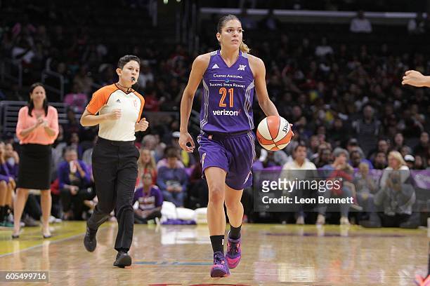 Nirra Fields of the Phoenix Mercury handles the ball against the Los Angeles Sparks during a WNBA basketball game at Staples Center on September 13,...