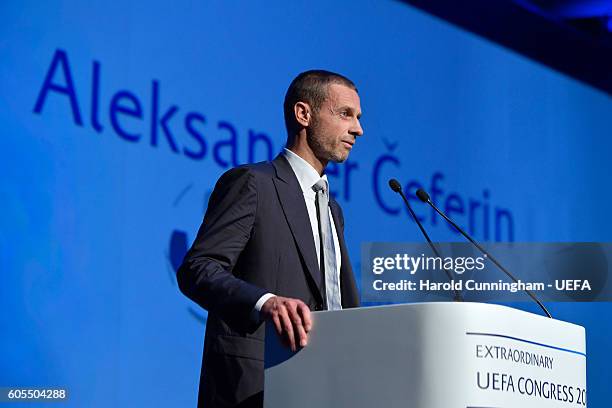 Presidential Candidate Aleksander Ceferin speaking at the 12th Extraordinary UEFA Congress at the Grand Resort Lagonissi Hotel, on September 14, 2016...