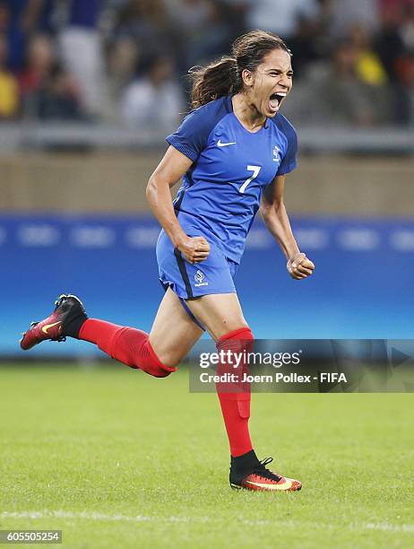 Amel Majri of France after scoring her team's fourth goal during Women's Group G match between France and Colombia on Day -2 of the Rio2016 Olympic...