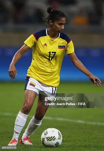 Carolina Arias of Columbia controls the ball during the Women's Group G match between France and Colombia on Day -2 of the Rio2016 Olympic Games at...