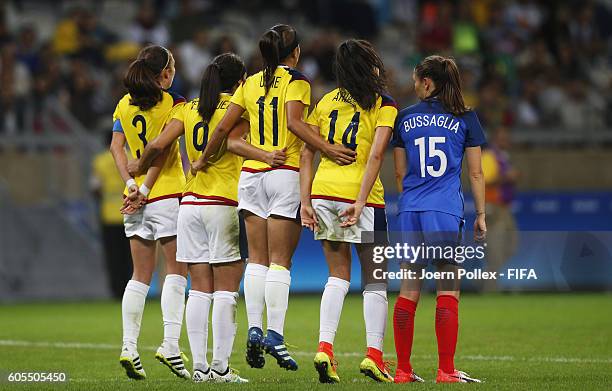 Player before a free kick during Women's Group G match between France and Colombia on Day -2 of the Rio2016 Olympic Games at Mineirao Stadium on...