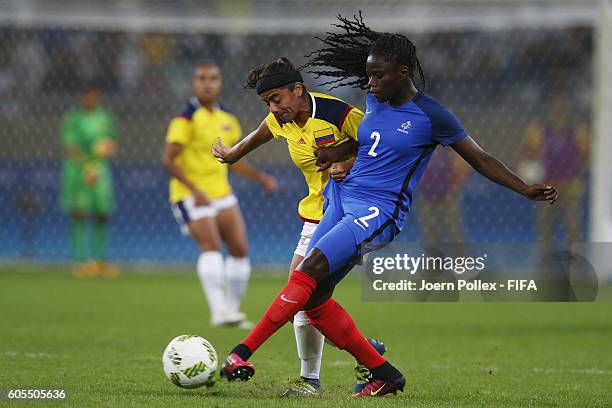 Griedge Bathy Mbock of France and Catalina Usme of Columbia compete for the ball during Women's Group G match between France and Colombia on Day -2...