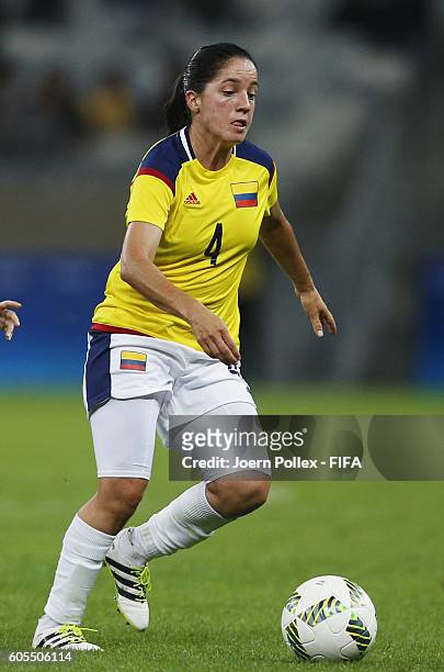 Diana Ospina of Columbia controls the ball during the Women's Group G match between France and Colombia on Day -2 of the Rio2016 Olympic Games at...