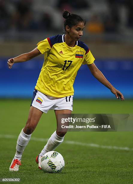 Carolina Arias of Columbia controls the ball during the Women's Group G match between France and Colombia on Day -2 of the Rio2016 Olympic Games at...