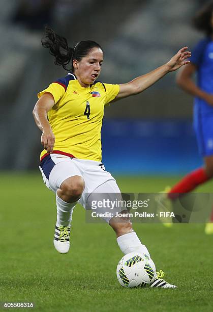 Diana Ospina of Columbia controls the ball during the Women's Group G match between France and Colombia on Day -2 of the Rio2016 Olympic Games at...