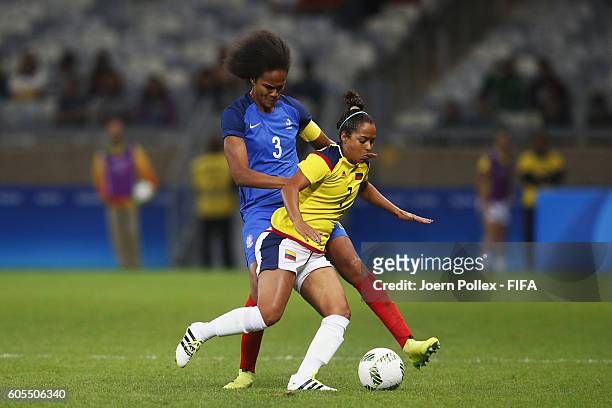 Wendie Renard of France and Ingrid Vidal of Columbia compete for the ball during Women's Group G match between France and Colombia on Day -2 of the...