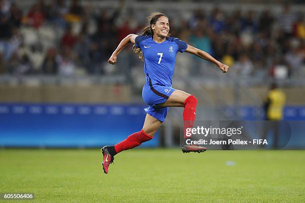 Amel Majri of France after scoring her team's fourth goal during Women's Group G match between France and Colombia on Day -2 of the Rio2016 Olympic...