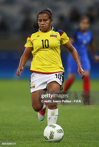 Leicy Santos of Columbia controls the ball during the Women's Group G match between France and Colombia on Day -2 of the Rio2016 Olympic Games at...